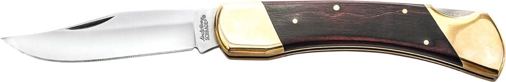 Sturdy traditional lockback pocket knife with brass bolsters and wood handle.