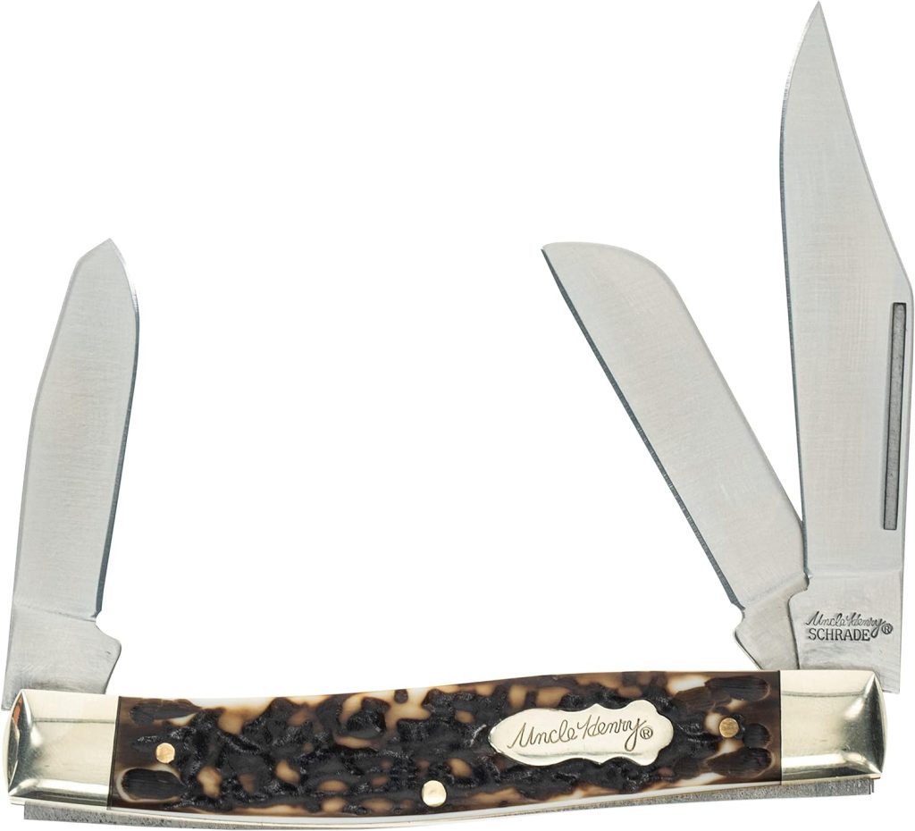 Folding knife with multiple blades and a rugged staglon handle, designed for ranch work.
